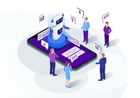 Chatbot isometric vector illustration. Chat bot receiving requests. Future marketing. Teacherbot. AI and business 3d concept. Website assistance. Customer service infographic. Mobile app designのイラスト素材