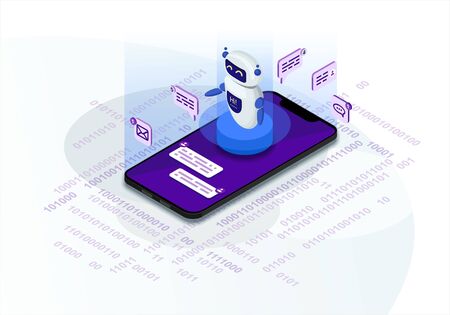 Chatbot isometric vector illustration. Chat bot receiving client messages. Future marketing. AI and...