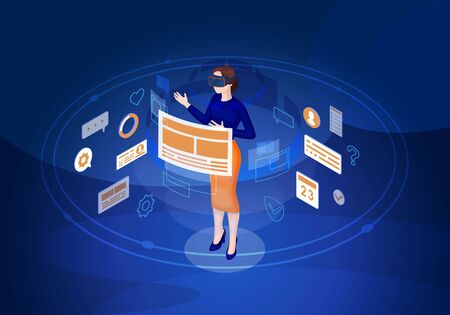 VR isometric vector illustration. Virtual reality interface and navigation. Futuristic digital technology. Virtual interactive screen. Augmented reality 3d concept. Player in VR glasses. Web bannerのイラスト素材
