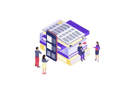 Online education isometric color vector illustration. Mobile learning infographic. e course, e class. e learning 3d concept. Online library. Distance, internet studying. Isolated design elementのイラスト素材
