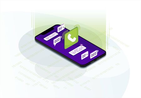 Incoming call isometric vector illustration. Using smartphone. Messages and calls manager. Mobile communication infographic. Chatting 3d concept. Mobile app designのイラスト素材
