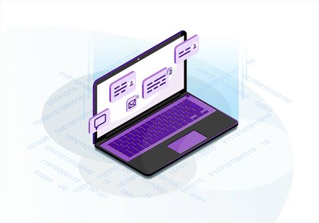 Chatting isometric vector illustration. Social media infographic. Live chat. Online communication. Messenger 3d concept. Forum. Laptop with speech bubbles. Website designのイラスト素材