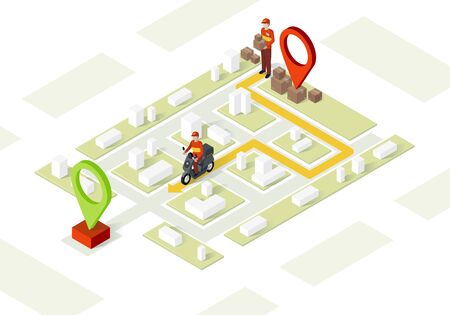 Delivery service isometric vector illustration. Parcel transportation map. Scooter delivery. Motorcycle shipping destination. Logistic and distribution 3d concept. Website, app designのイラスト素材