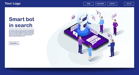 Chatbot webpage vector template with isometric illustration. Website interface design. Future marketing. Teacherbot. Smart bot in search. AI 3D concept. Customer service infographic. Mobile app designのイラスト素材