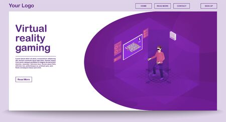 VR gaming webpage vector template with isometric illustration. Website interface design. Futuristic digital technology. Person playing 3d concept. Virtual reality player, gamer. Web banner ideaのイラスト素材