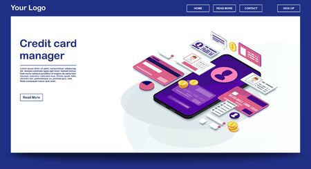 Credit card manager webpage vector template with isometric illustration. Website interface design. E-payment. Online bank transactions. Financial management. Webpage, mobile app 3d conceptのイラスト素材