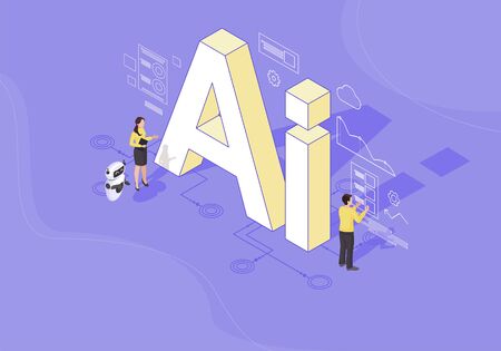 AI isometric color vector illustration. Artificial intelligence infographic. Client use chat bot. Website assistance. Teacherbot. Future marketing. Technical support. Webpage, mobile app 3d conceptのイラスト素材
