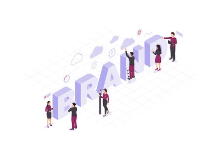 Brand isometric color vector illustration. Employers working on branding design infographic. Company product development 3d concept. Marketing and business strategy. Webpage, mobile app designのイラスト素材