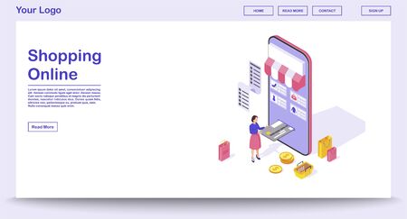 Online shopping app webpage vector template with isometric illustration. Website interface design. Shopping smartphone application 3d concept. Online payment infographic. Webpage, mobile app designのイラスト素材