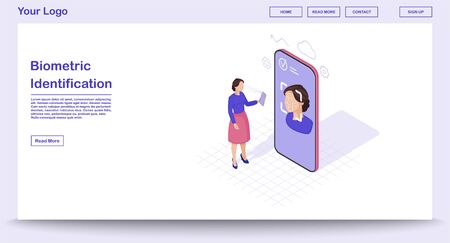 Biometric identification webpage vector template with isometric illustration. Identity verification. Facial ID scanning. Faceprint analysis. Website interface design. Webpage, mobile app 3d conceptのイラスト素材