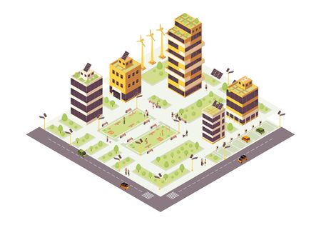 Eco city isometric color vector illustration. Eco friendly buildings with solar grids and trees infographic. Smart city 3d concept. Sustainable environment. Modern town. Isolated design elementのイラスト素材