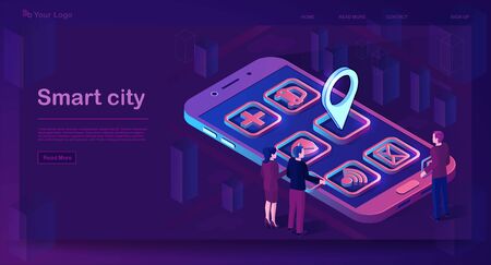 Smart city app isometric banner. Futuristic smartphone with application icons. Futuristic 3d city smartphone app map with pinpoint. Internet of things. Isolated vector illustrationのイラスト素材