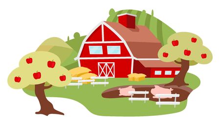 Countryside farm yard flat illustration. Livestock farming cartoon concept isolated on white background. Apple trees, pigs near barn. Agriculture and organic farming. Village, rural farmland, ranchのイラスト素材