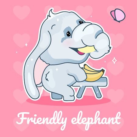 Cute elephant kawaii character social media post mockup. Friendly elephant lettering. Positive poster template with animal eating banana. Social media content layout. Print, kids book illustrationのイラスト素材