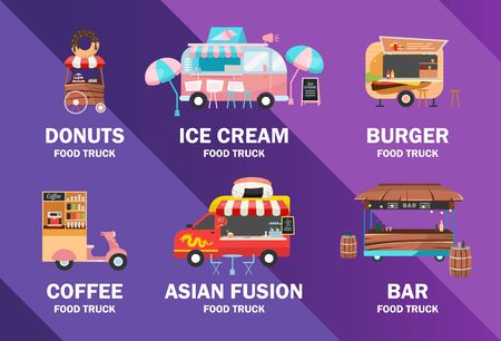 Food trucks poster vector template. Street food festival. Brochure, cover, booklet page concept design with flat illustrations. Ready meal vehicles. Advertising flyer, leaflet, banner layout ideaのイラスト素材