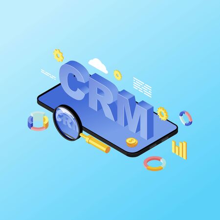 Smartphone CRM system app isometric illustration. Customer relationship management mobile application, software. Sales metrics, client data analysis on phone 3d concept isolated on blue backgroundのイラスト素材