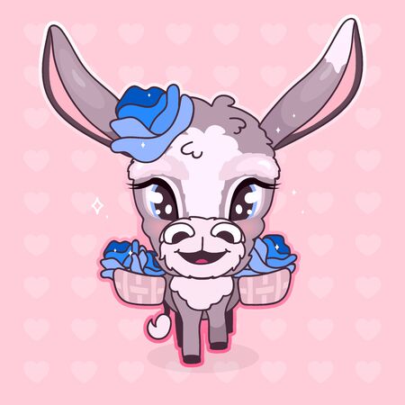 Cute donkey kawaii cartoon vector character. Adorable and funny smiling and happy animal isolated sticker, patch. Anime baby girl mule, burro with blue flowers emoji on pink backgroundのイラスト素材