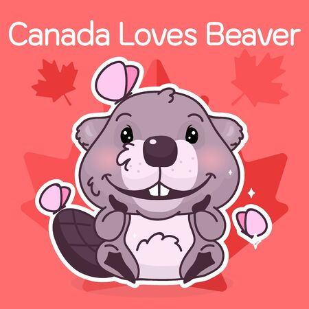 Cute beaver canadian symbol kawaii character social media post mockup. Canada loves beaver typography. Poster, card template with mascot and maple leaves. Social media content, print design layoutのイラスト素材