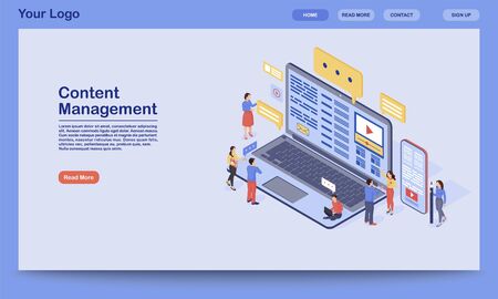Content management landing page vector template. Digital inbound marketing website interface idea with flat illustration. SMM, media advertising homepage layout. Web banner, webpage cartoon conceptのイラスト素材