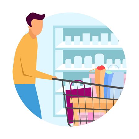 Buyer at supermarket flat concept icon. Man doing purchases at grocery store sticker. Customer with shopping cart buying products, goods at mall. Isolated cartoon illustration on white backgroundのイラスト素材