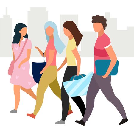 Friends walking together flat vector illustration. Girls and guy at city street cartoon characters. Students, tourists going and talking. Friendship concept. Group of people spending time, meetingのイラスト素材