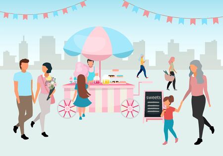 Sweets and cotton candy food cart flat illustration. Street market trolley. Outdoor confectionery, bakery. People walk summer fair. Festival, carnival pink market stall with confections and pastryのイラスト素材
