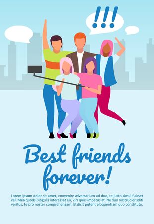 Friends pastime brochure template. Best friends forever lettering. International camp, student exchange program. Flyer, booklet, leaflet concept with flat illustration. Vector page layout for magazineのイラスト素材