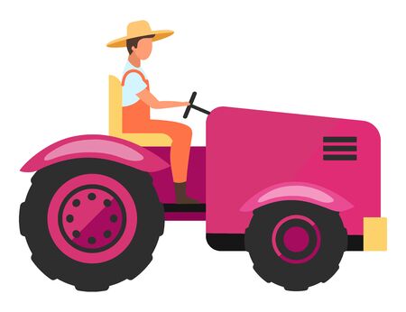 Agricultural machinery flat vector illustration. Farm worker driving agriculture mini tractor cartoon character. Harvesting and cultivation vehicle. Farming equipment. Farmer, tractor driverのイラスト素材