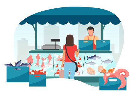 Woman buying seafood at street market stall flat illustration. Fresh sea food in ice trade tent, fish counter. Fair, summer market stand. Customer in local fishmarket outdoor shop cartoon characterのイラスト素材