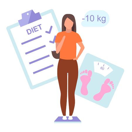 Diet plan and result flat vector illustration. Young woman controlling weight standing on scales. Slim girl happy about body mass loss isolated cartoon character on white backgroundのイラスト素材