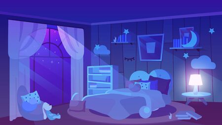 Kids bedroom night time view flat vector illustration. Soft toy, books and cushions lying on floor. Trendy wallpapers with picture, bookshelves, lampshade. Modern girlish bed with blanketのイラスト素材