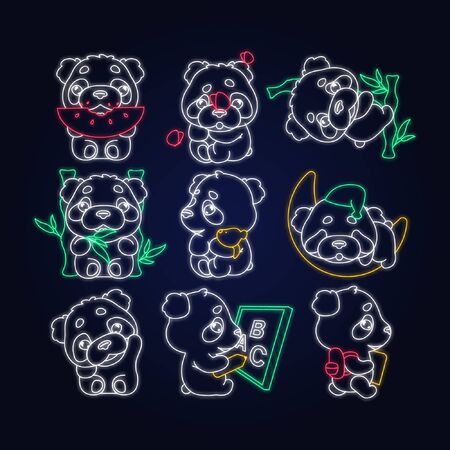 Cute panda kawaii neon light characters pack. Adorable and funny animal eating watermelon, sleeping, back to school isolated sticker, patches set. Anime baby baby bear doodle emojis outline iconsのイラスト素材