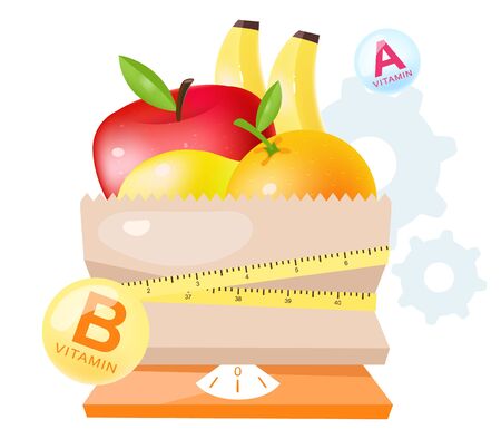 Fresh fruits in dietary nutrition flat vector illustration. Cartoon apple, orange, banana in paper bag with flexible measuring tape and scales isolated on white background. Vegetarian diet ingredientsのイラスト素材