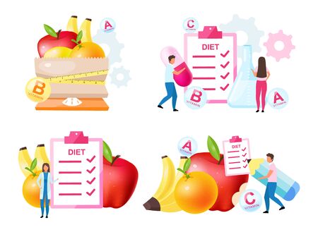 Dietology experts flat vector illustrations set. Fresh vitamins containing fruits. Choosing healthy nutrition ingredients. Scheduling diet meals. Nutritionist, doctor isolated cartoon charactersのイラスト素材