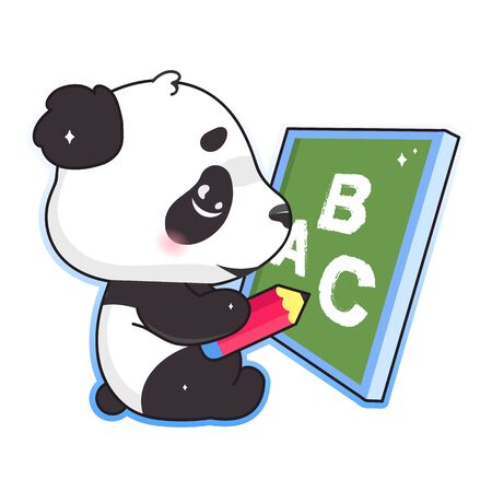 Cute panda drawing on school board with pencil kawaii cartoon vector character. Adorable and funny animal studying alphabet isolated sticker, patch. Anime baby panda bear emoji on white backgroundのイラスト素材