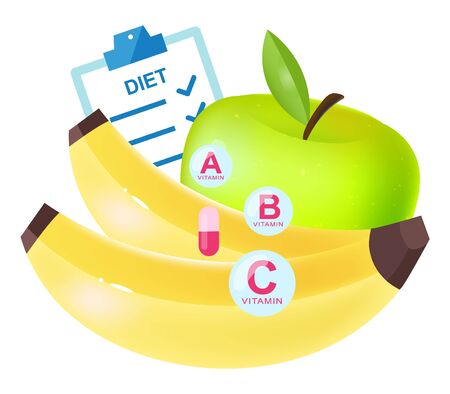 Dietary nutrition flat vector illustration. Cartoon banana and green apple as main vitamin source isolated on white background. Adding food supplements, pills to healthy lifestyle, dieting planのイラスト素材