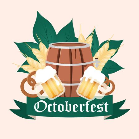 Oktoberfest social media post mockup. Barrel and cups of alcohol. Beer Festival. Advertising web banner design template. Social media booster, content layout. Promotion poster, flat illustrationのイラスト素材