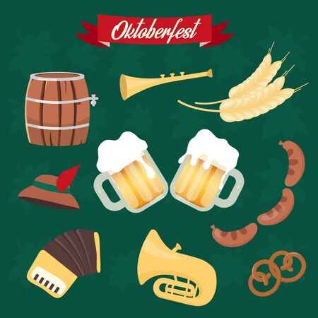 Oktoberfest flat vector illustrations set. Cups of alcohol, food. Barrel and sausages, pretzel stickers. Musical instruments. Beer Festival isolated cartoon graphicsのイラスト素材