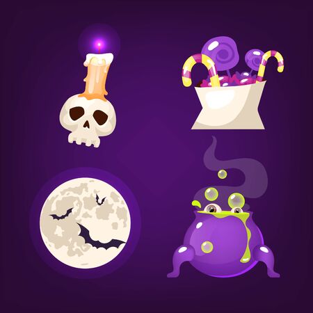 Halloween decoration cartoon vector set. Realistic spooky and scary items isolated on purple. Skull, sweets, moon and bats stickers. Witch cauldron with magic potion patch. Horror decor flat clipartsのイラスト素材