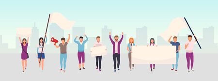 Street protest action flat illustration. Protestors, social movement activists holding blank banners, placard cartoon characters. Political demonstration, human rights protection city picket conceptのイラスト素材