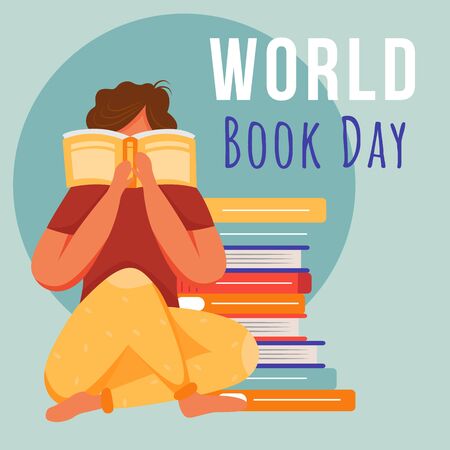 World book day social media post mockup. Student reading paperback. Advertising web banner design template. Social media booster, content layout. Promotion poster, print ads with flat illustrationsのイラスト素材