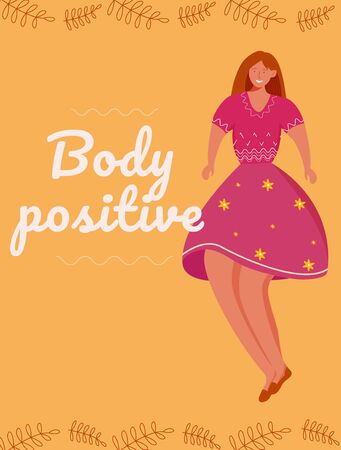 Body positive poster vector template. Feminism movement. Brochure, cover, booklet page concept design with flat illustrations. Overweight woman. Advertising flyer, leaflet, banner layout ideaのイラスト素材