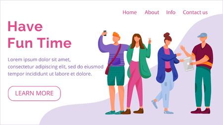Have fun time landing page vector template. Millennials website interface idea with flat illustrations. Blogging homepage layout. Teens lifestyle web banner, webpage cartoon conceptのイラスト素材