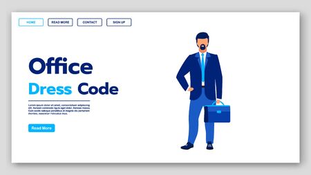 Office dress code landing page vector template. Business fashion website interface idea with flat illustrations. Corporate apparel style homepage layout. Formal clothing web banner cartoon conceptのイラスト素材