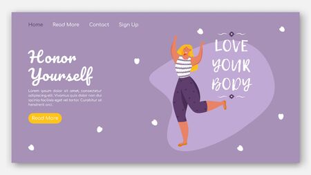Honor yourself landing page vector template. Body positive website interface idea with flat illustrations. Feminism homepage layout. Love your body web banner, webpage cartoon conceptのイラスト素材