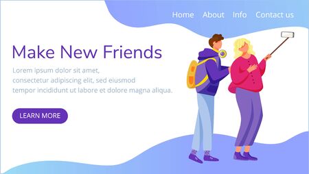 Make new friends landing page vector template. Taking selfie website interface idea with flat illustrations. Millennials homepage layout. Capturing moments web banner, webpage cartoon conceptのイラスト素材