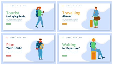 Travel agency landing page vector template set. Vacation trip website interface idea with flat illustrations. Holiday journey homepage layout. Tourism web banner, webpage cartoon conceptのイラスト素材