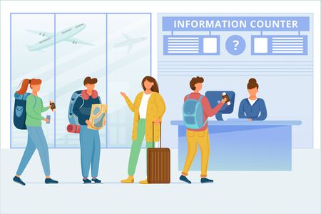Airport information counter flat vector illustration. Transfer zone. Travelers in air terminal. Commercial air transport. Passengers talking, man asking employee for help cartoon charactersのイラスト素材