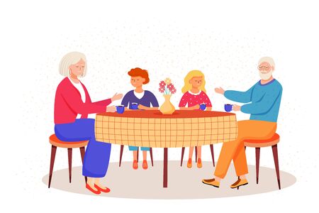 Retired people flat vector illustration. Children came to visit elderly relatives. Family pastime in dining room. Grandparents drink tea with kids cartoon charactersのイラスト素材