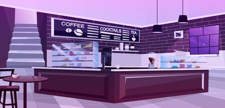 Cafe interior at night flat vector illustration. Trendy coffee shop design in dark violet color pallette. Vintage furniture and stylish lamps. Cartoon empty confectionery, bakery insideのイラスト素材